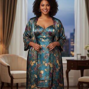 Cacique Lane Bryant Women's Chemise Gown W/Kimono Robe Teal With Print Sz 22/24